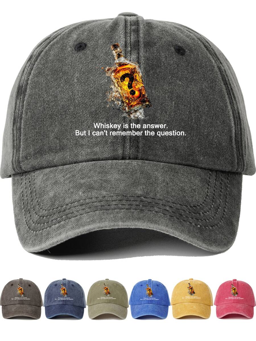 1 szt. Czapka bejsbolówka z nadrukiem "Whiskey to odpowiedź. Ale nie pamiętam pytania". Czapka z daszkiem z literą i znakiem zapytania, unisexowy miękki cylinder dla par, modny, codzienny kapelusz przeciwsłoneczny, solidne, zakrzywione rondo.