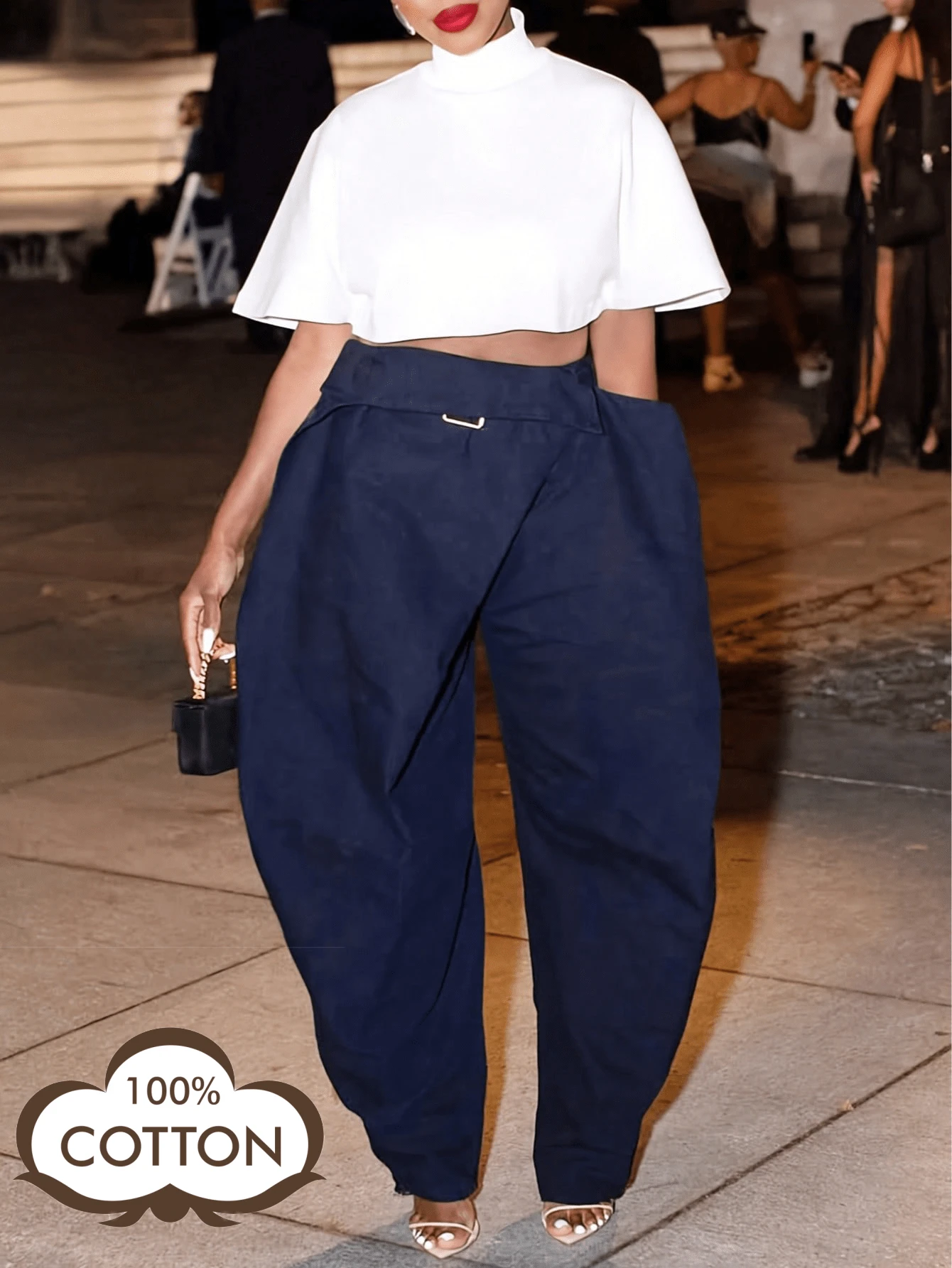 GLOURI Women's High Waist Cargo Barrel Pants - Navy Blue Paperbag Waist With Adjustable Belt & Multi-Pockets | Vintage Tapered Fit For Casual Daily, Office Work & Outdoor Hiking(100% Cotton Breathable) For All Seasons - Màu xanh hải quân - Xem 1