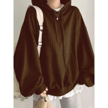 Women's Plain Oversized Solid Hooded Sweatshirt With Offset Layers - 酒紅色 - 查看 2
