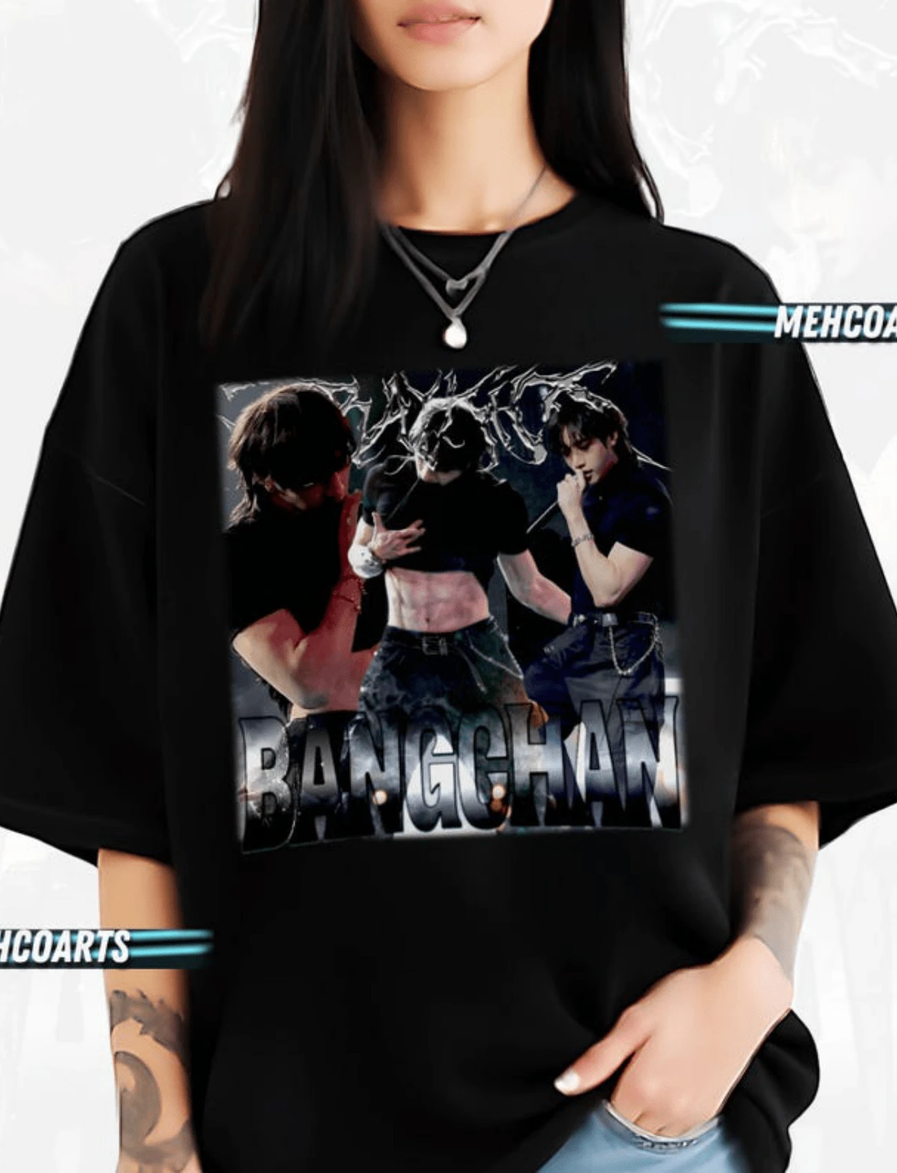 K-Pop Fan Theme Bangchan Collage Print Crew Neck T-Shirt Sweatshirt Casual Wear Tops Plus Size Clothes Business Casual Y2k Design Details Short Sleeve Edgy Style Relaxed Garment Style Suitable For All Seasons Machine Washable For Fan Gatherings And Daily Wear - 黑色 - 查看 1