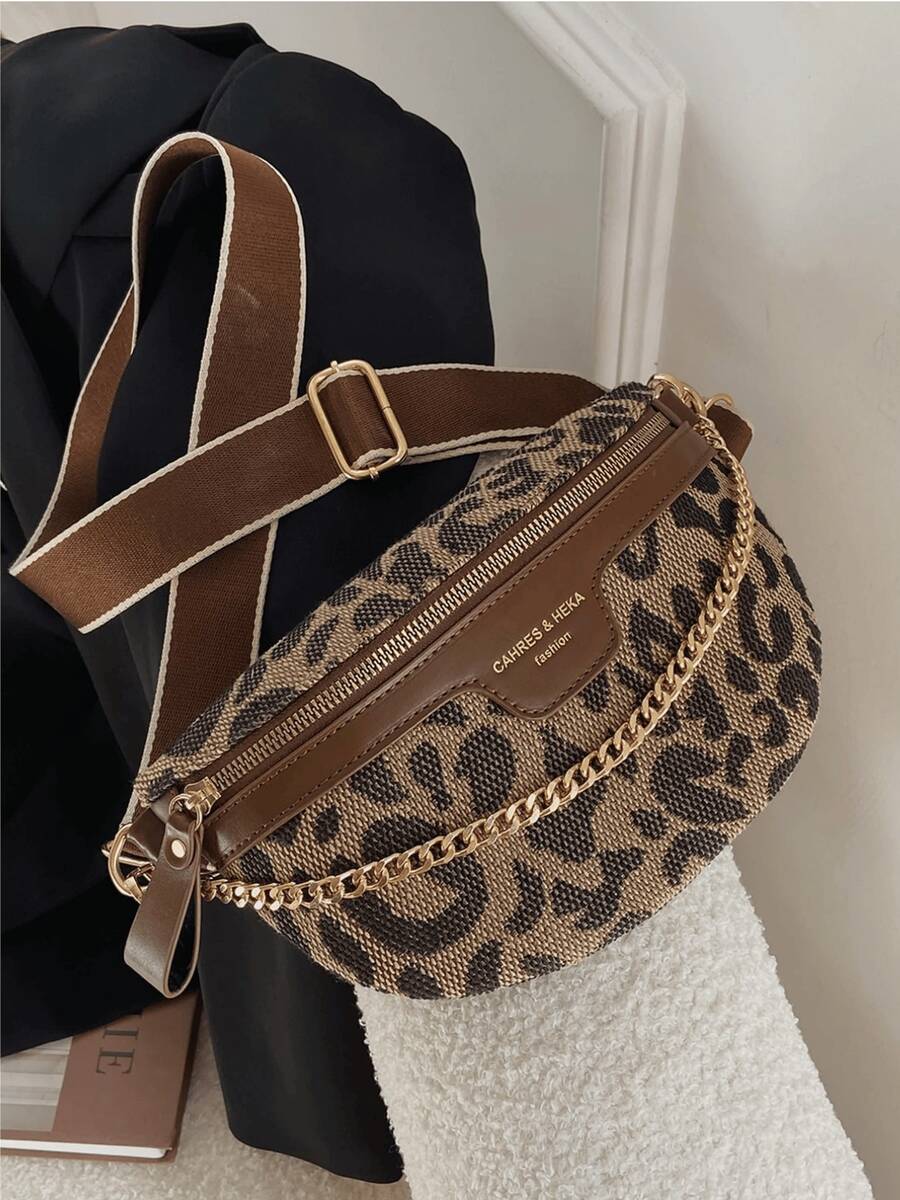 Millennial Vintage Chain Decor Houndstooth & Leopard Print Shoulder & Waist Bag, Leopard Print Bag, Animal Print Women Bag