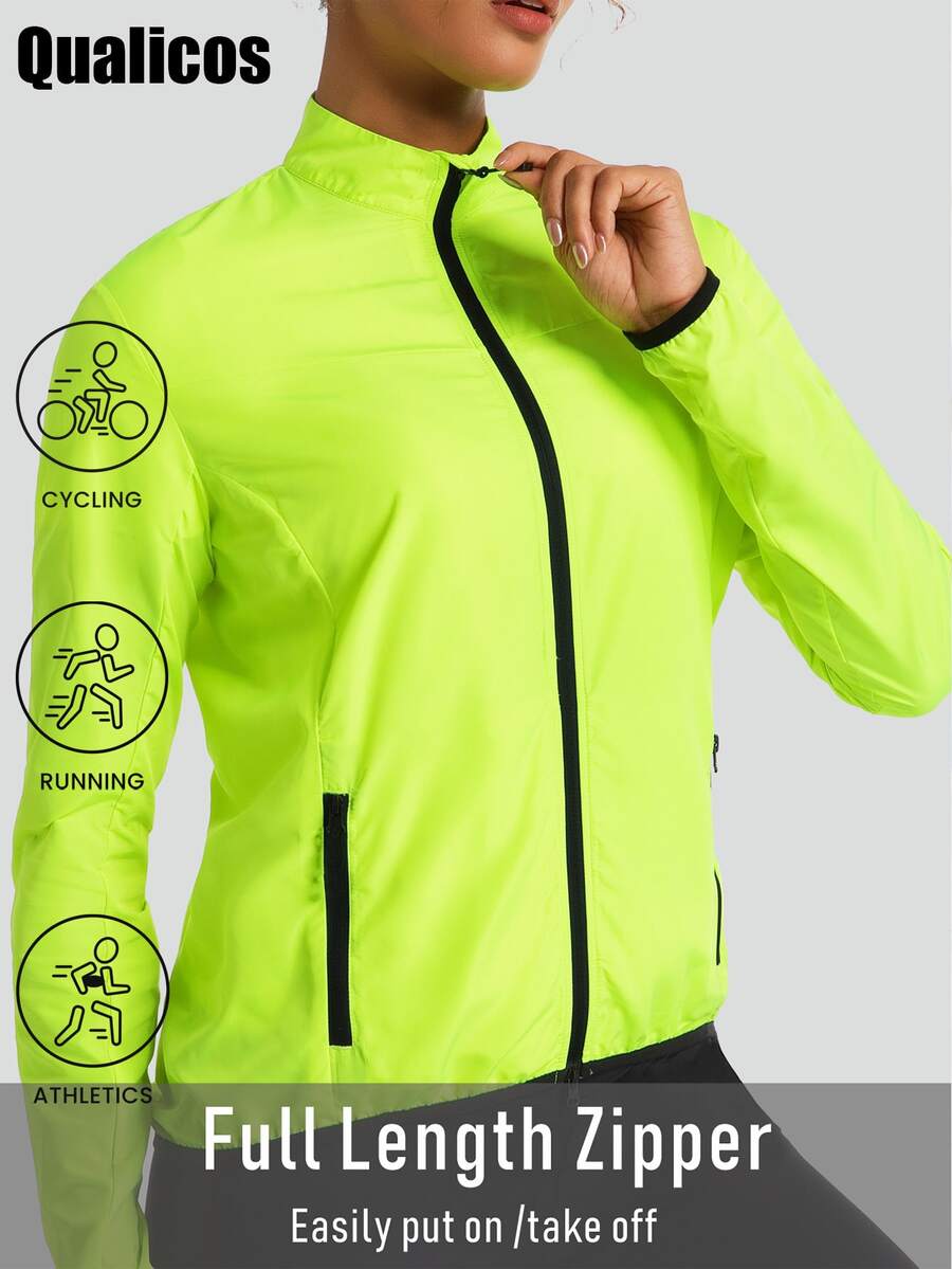 Qualicos Women's Lightweight Breathable Full Zip Cycling Jacket, Outdoor Sports Reflective Long Sleeve Sportswear With Reflective Stripes And Back Pocket, Suitable For Cycling, Running, Hiking