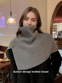 女士多功能纽扣针织披肩领围巾，秋冬季保暖围脖，适合搭配连衣裙