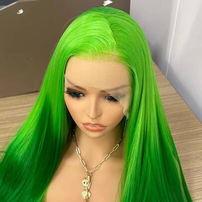 13x4 Green Natural Straight Synthetic Lace Front Wig, High Quality Heat Resistant Fiber, Pre-Plucked, Full Wig For Women, Suitable For Halloween