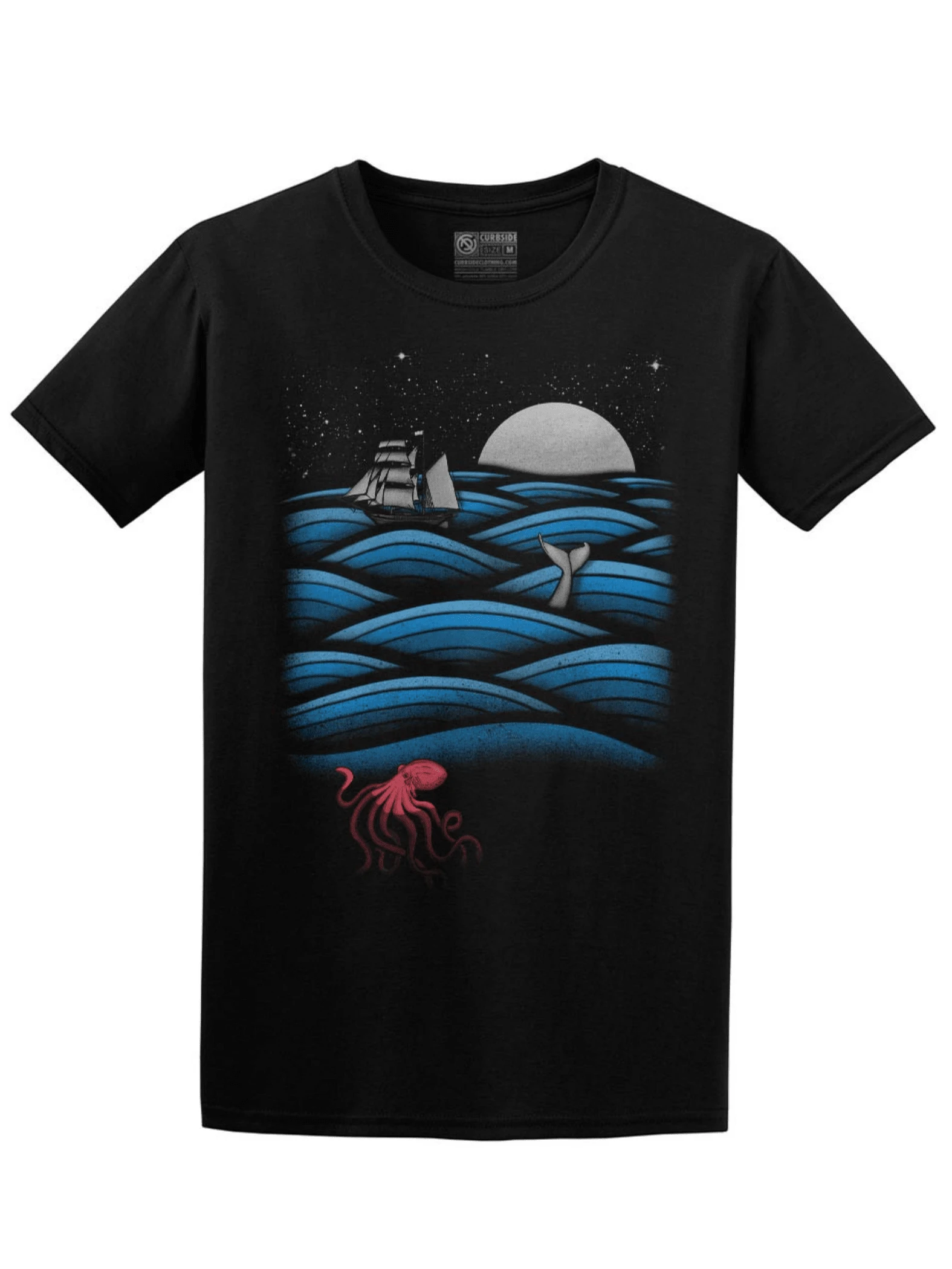 1pcs Women's Ocean Whale Ship Octopus Graphic Print T Shirt Moonlight Sea Waves Casual 100% Cotton Round Neck Tee Summer Style - Black - View 1