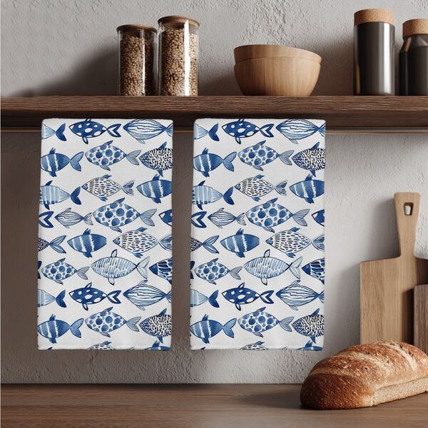2pcs Blue & White Fish Pattern Kitchen Towels, Modern Style Super Soft Microfiber 40*60cm Kitchen Towels, Dish Cloths, Perfect Housewarming And Family Gathering Gift, Kitchen Dish Cloths And Towels, Kitchen Towel Home Decor