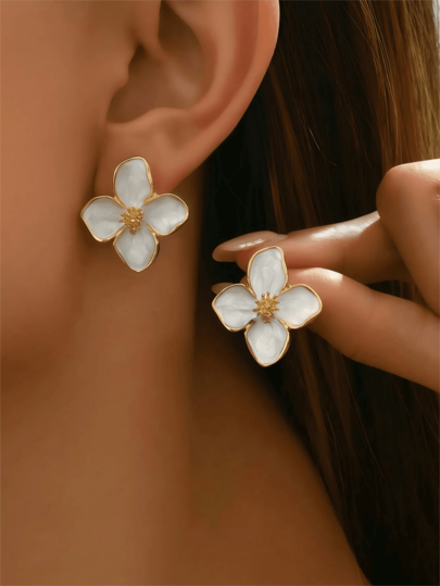 1pair Colorful Oil Drip Four-Petal Flower Shaped Dopamine Stud Earrings For Women, Simple & Sweet Daily Accessory, Perfect Gift For Vacation Valentines,Mom,Mother,Mother's Day,Gift