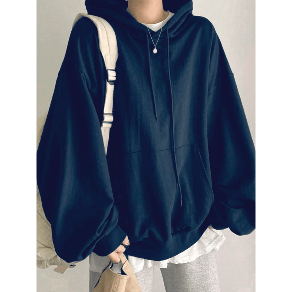 Women's Plain Oversized Solid Hooded Sweatshirt With Offset Layers - 藏蓝色 - 查看 1