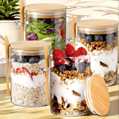 1 pieza Recipiente de almacenamiento redondo con tapa y sello, disponible en 3 tamaños, Body de botella de plástico + tapa de bambú, a prueba de fugas y a prueba de humedad, para café, té, pasta, harina, azúcar, nueces, caramelos, sales de baño - Perfecto para una cocina y encimera organizadas