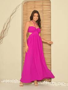 Vestido Longo Feminino Tomara-que-caia com detalhe de amarração no pescoço Maxy dress - Fúcsia - Visão 6