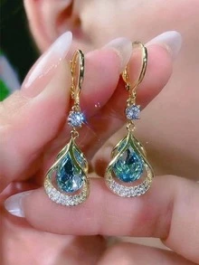 1对时尚水晶水钻几何玻璃水滴吊坠耳环，优雅迷人的夹式耳环，适合女性日常休闲佩戴 - 藍色 - 查看 5