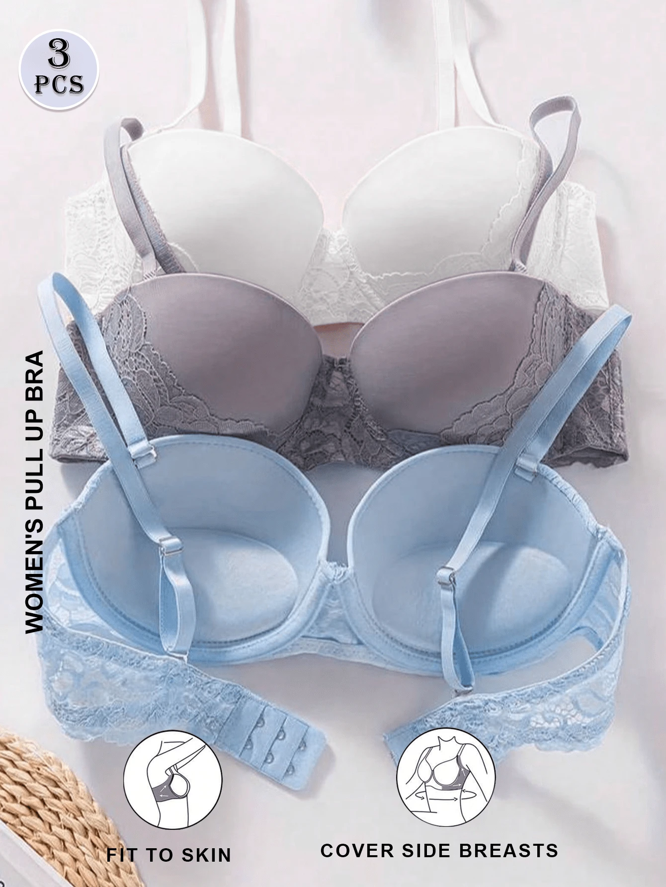 3pcs Minimalist Sexy Solid Color Lace Patchwork Spaghetti Strap Bras For Women - Multicolor - View 1