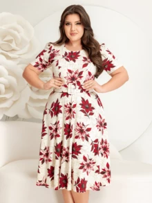 DRESS WITH BELT, FULL GODÊ SKIRT, SHORT SLEEVES, ROUND NECKLINE WITH VISCOLYCRA FLORAL PRINT - Red - View 3