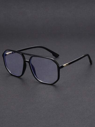 1 Pair Men's Metal Double-Beam Large Frame Fashion Flat Glasses, Suitable For Daily Wear, Computer Office, And Gaming