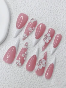 nailrosy 10Pcs Acrylic Handmade Press On Nails KitLong  Almond White Pink French Elegant Fake Nail Tips For Women Daily Reusable Wedding Birthday Party Chic Old Money Y2k Gel 3D Floral - trắng - Xem 2
