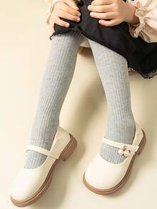 1 件纯棉竖条纹纯色女童紧身裤，不透明打底裤 - 灰色 - 查看 2