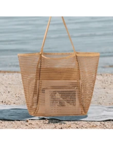 Foldable Lightweight Mesh Beach Bag With Zipper Pocket For Women, Vacation, Beach, Pool, Travel - màu đen - Xem 4