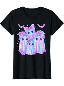 Día de los Muertos Fantasmas Kawaii con Moño 220 gramos talla grande 1 unidad de Camisa de T con estampado digital pastel de colores brillantes  100% algodón  suave y cómoda Camiseta de mujer con cuello redondo, diseño casual - Negro - Ver 1