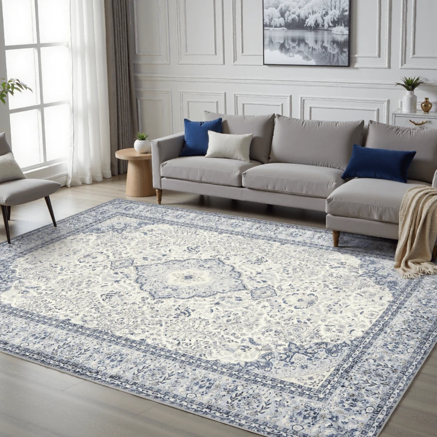 Gdieo Area Rugs For Living Room, Machine Washable Vintage Floral Carpet, Non-Slip Low Pile Throw Rugs With Rubber Backing Washable Carpet For Bedroom Room, Navy Blue And White Rug For Home Decor.