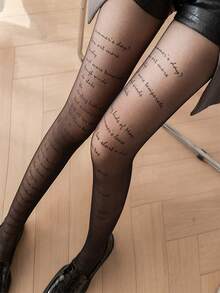 1pc English Letter Print Pantyhose, Fashionable English Print Leggings, Sexy Black Stockings/Thigh High Socks - Black - View 4