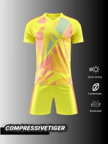 2pcs Custom Yellow - Pink Artistic Soccer Jersey Kit - With A Cheerful Yellow Base And Soft Pink Artistic Patterns, This Kit Radiates Positivity. The Breathable Quick - Drying Fabric Ensures You Stay Fresh Throughout The Game. Great For Football Clubs, School Teams, And Practice Sessions. Halloween, Thanksgiving, Christmas And New Year Gifts - Yellow - View 2