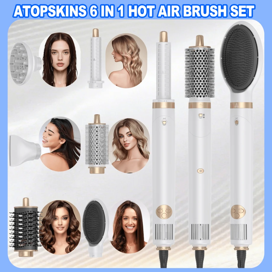 ATOPSKINS Nova escova de ar quente e secador de cabelo dobrável de alta velocidade 6 em 1, outono de 2025, 200 milhões de íons negativos, capa antipoeira reversível e autolimpante, cilindro de ondulação bidirecional, motor sem escova para uso duradouro, design multifuncional perfeito para presentear e viajar