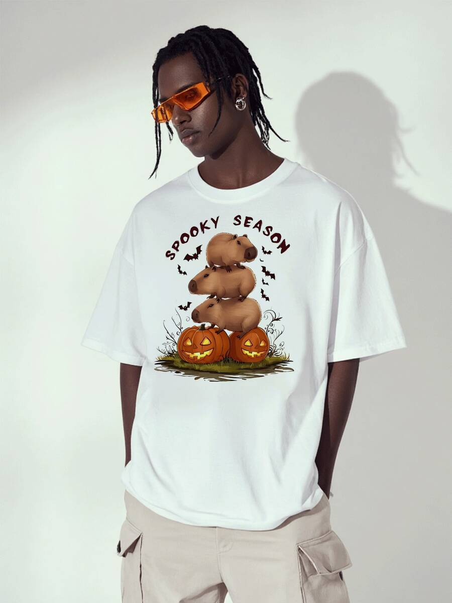 Spooky Season Capybara Stack On Pumpkins Halloween Men's TShirt, Unique Graphic Print Tee For Fall Celebration, Comfortable Cotton Fabric, Festive And Fun Style.