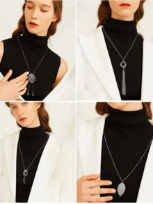 女士长款吊坠项链，长款毛衣项链，银色花朵流苏圆盘叶子造型毛衣链项链套装，时尚配饰 - 銀色 - 查看 6