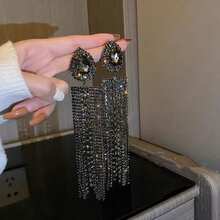 1 对泪珠水钻装饰长流苏耳环，休闲时尚百搭配饰 - 黑色 - 查看 8