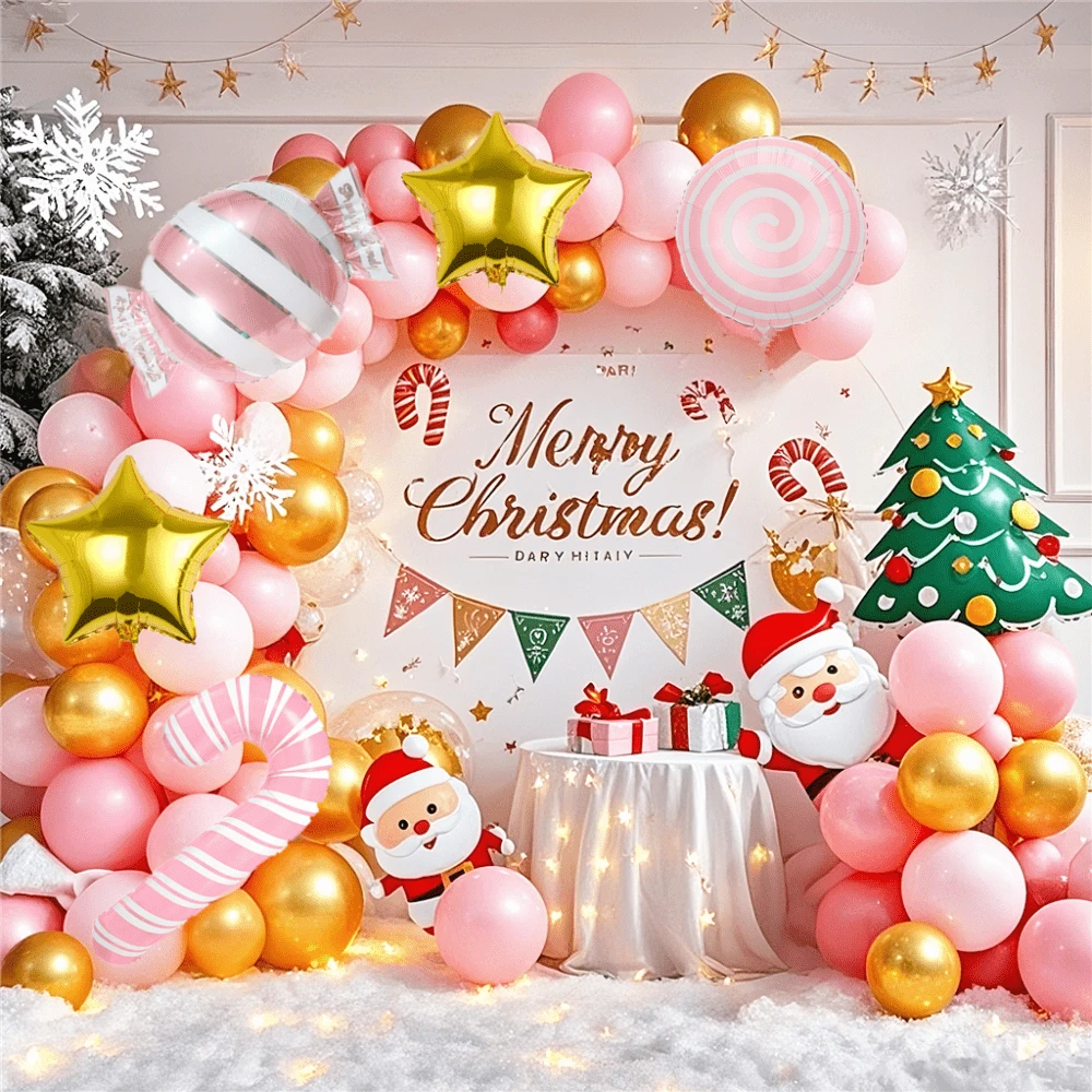 122 pièces Ensemble d'arche de ballons roses de Noël, décoration de fête de Noël, ballons roses et dorés de 10/5 pouces, avec des ballons en feuille d'aluminium de bonbons de Noël, convient pour la décoration de Noël, du Nouvel An et d'anniversaire. - 122 pièces rose et or - Voir 1