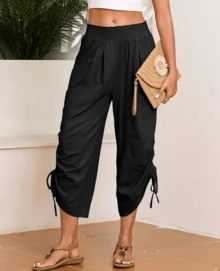 GS SNOWING Women's Palazzo Pants Summer Boho Wide Leg High Waisted Casual Harem Pant With Pocket - 黑色 - 查看 5