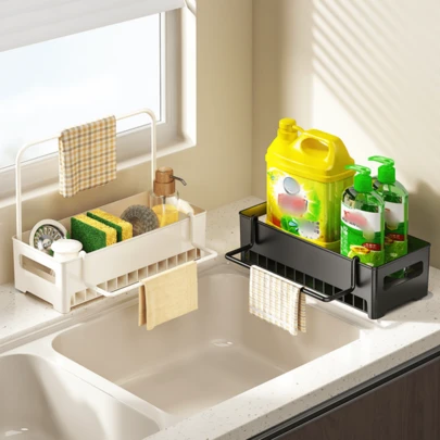 1pc Thick Material Kitchen Sink Organizer Rack, With Large Drainage Hole And Sponge Holder, Bottom Has Anti-Slip Suction Cups, Suitable For Kitchen, Bathroom, Balcony Storage