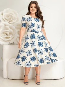 DRESS WITH BELT, FULL GODÊ SKIRT, SHORT SLEEVES, ROUND NECKLINE WITH VISCOLYCRA FLORAL PRINT - Màu xanh lam - Xem 3