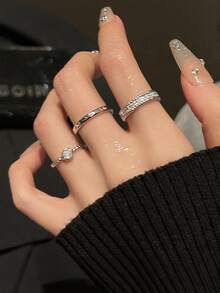 3件套女孩简约设计锆石镶嵌开口戒指，时尚百搭配饰。佩戴时请轻柔打开。 - 銀色 - 查看 4