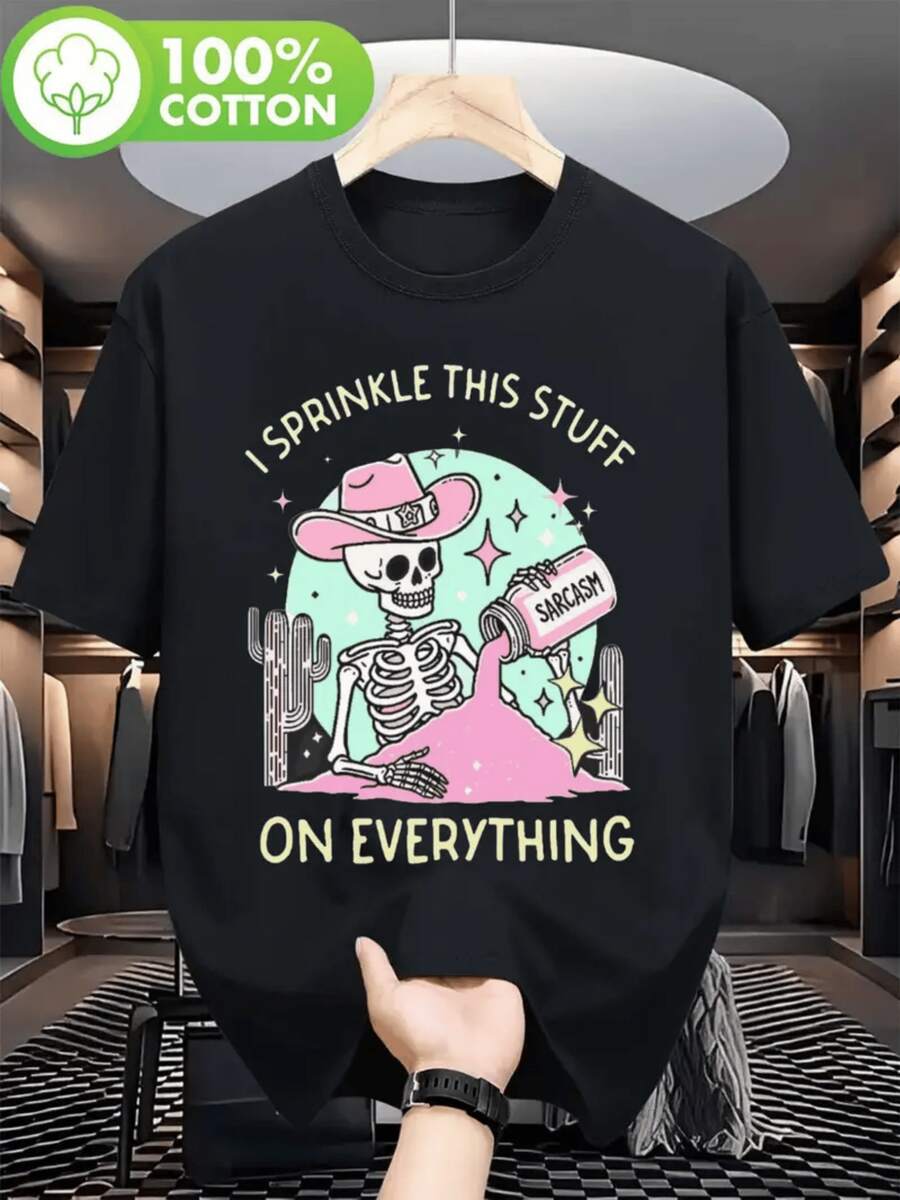 Día de los Muertos Calavera con Sombrero Vaquero talla grande 220 gramos 1 unidad de Camiseta de T con estampado digital Sarcasmo y Cactus 100% algodón Diseño Gótico Kawaii Camiseta de mujer con cuello redondo, diseño casual - Negro - Ver 1