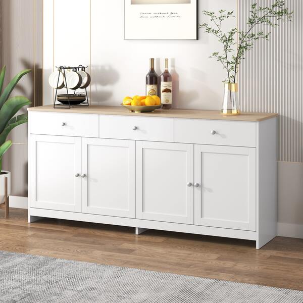 Sideboard in weißer Holzmaserung, Sideboard mit vier Türen und drei Schubladen, Kommode, geeignet für Wohnzimmer oder Esszimmer. Weiß