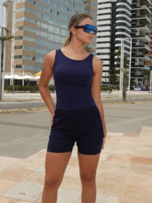 Women's Dry Fit Compression Shorts Navy Blue 2 In 1 Gym Training Running Secret Internal Pocket - Navy Blue - View 7