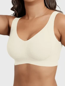 4pcs Women'S Seamless Push-Up Bras with Removable Pads, Medium Support & V-Neck Design - No Underwire Full Coverage Back, Lightweight Breathable Lining for Gym, Yoga, Workouts & Daily Wear - Solid Colors (Black, Beige, White, Light Brown), Gym Workout Clothes, Versatile Fashion Accessory, Ergonomic Cup Design