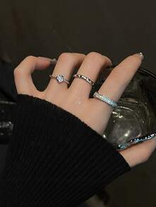 3件套女孩简约设计锆石镶嵌开口戒指，时尚百搭配饰。佩戴时请轻柔打开。 - 銀色 - 查看 7