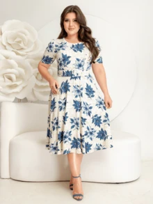 DRESS WITH BELT, FULL GODÊ SKIRT, SHORT SLEEVES, ROUND NECKLINE WITH VISCOLYCRA FLORAL PRINT - Màu xanh lam - Xem 4