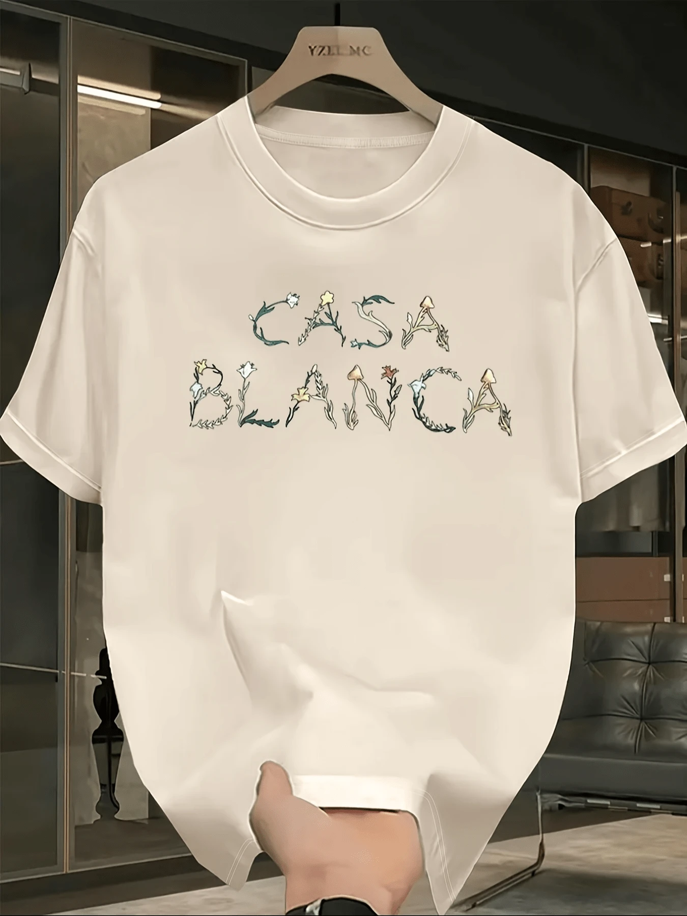 Women's Light Mint Green Casual Short Sleeve T-Shirt - Casa Blanca Lettering Print with Floral Decoration, Crew Neck Summer T-Shirt, Suitable for Casual Dressing and Outdoor Activities, Sports-Friendly Shirt, Durable and Casual - Albaricoque - Ver 1