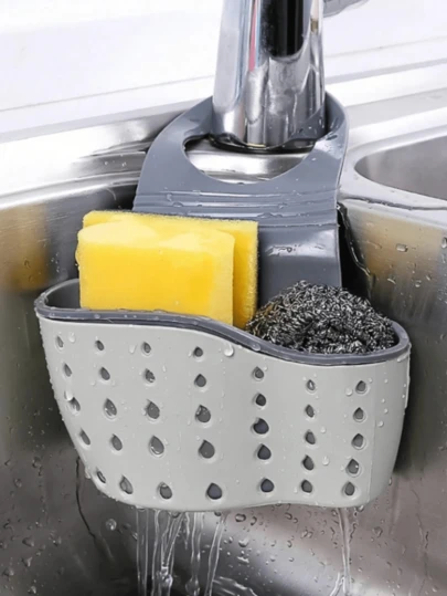 1 pieza Cesta colgante de drenaje del fregadero con caja de almacenamiento de silicona, rejilla de drenaje ajustable del fregadero - Cesta de drenaje de doble capa para almacenamiento de cocina, soporte para esponjas, cesta colgante para grifos de cocina, perfecta para almacenar esponjas, jabón, paños de cocina Sin taladro, accesorio ahorra espacio para uso doméstico, baño y restaurante, accesorios de cocina