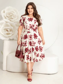 DRESS WITH BELT, FULL GODÊ SKIRT, SHORT SLEEVES, ROUND NECKLINE WITH VISCOLYCRA FLORAL PRINT - Red - View 2