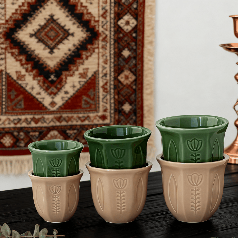 1/2 xícara de café com tulipa em relevo, copo de água, - 100/180/250 ml, reutilizável, perfeita para reuniões familiares e ocasiões especiais, caneca de expresso árabe, caneca de cerâmica durável, caneca de café, presente para o Dia Nacional Saudita