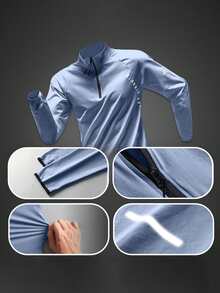 Camiseta deportiva de manga larga con media cremallera para hombres, camiseta de running de secado rápido, chaqueta de entrenamiento, de tela transpirable y elástica, que absorbe la humedad, con estampado de letras, de ajuste regular, adecuada para correr, fitness al aire libre, ciclismo y senderismo