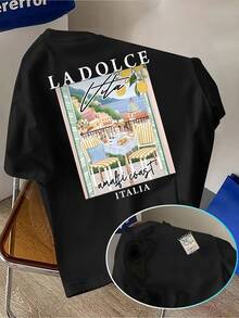 Women's Lilac T-Shirt - Italian Coast Graphic T-Shirt with Amalfi - Lightweight Summer Shirt for Travel, Vacations, and Casual Looks - Machine Washable Casual Top, Scenic Print Shirt, Relaxed Driving - Negro - Ver 1