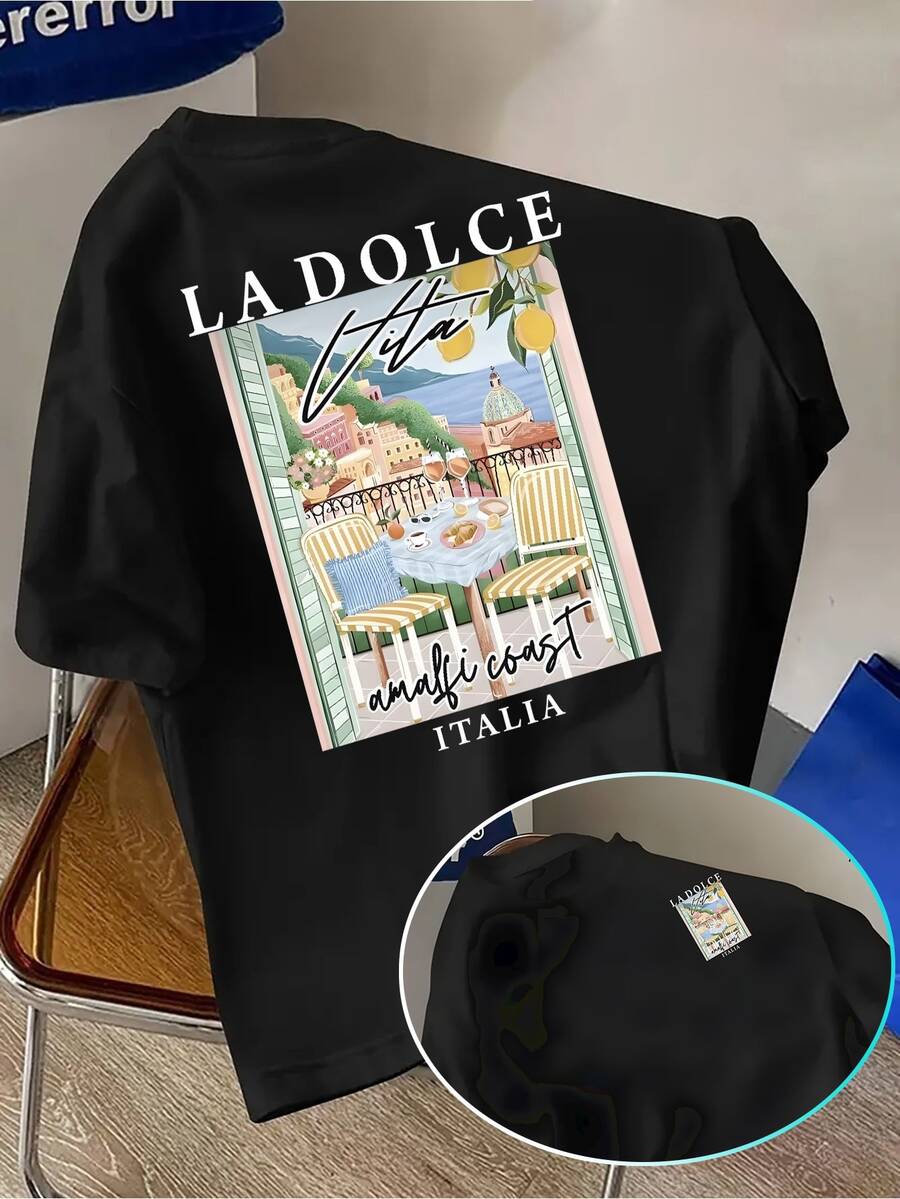 Women's Lilac T-Shirt - Italian Coast Graphic T-Shirt with Amalfi - Lightweight Summer Shirt for Travel, Vacations, and Casual Looks - Machine Washable Casual Top, Scenic Print Shirt, Relaxed Driving - Negro - Ver 1