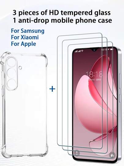 [3 件高清钢化玻璃屏幕保护膜 + 1 个手机壳]，兼容小米/Redmi//苹果手机，适合 Redmi 15、Mi 14、S25、S25 Plus、17、17 Pro、17 Pro Max，防震、防刮、防水、防油，为您的手机提供全方位保护，适合作为节日/男朋友/女朋友的礼物