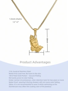 1pc Hip-Hop Style Plated Stainless Steel Hand Pendant Necklace With Box Chain, For Daily Wear - Gold - View 3