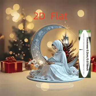 2D 平面，优雅的 2D 亚克力斋月女孩雕塑 - 波西米亚风格透明桌面装饰，新月和花卉设计，非常适合新年、生日和毕业礼物，斋月装饰 | 宁静的装饰 | 艺术工艺品，伊斯兰家居装饰。